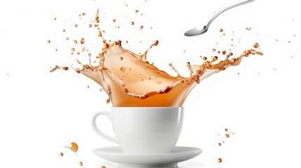 Cup of coffee with a splash drop fly with saucer and spoon isolated . generative ai