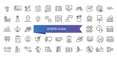Steps icon collection. Related to stairs, footprint, progress, step by step, roadmap, process, walk and more. Line vector icons set.
