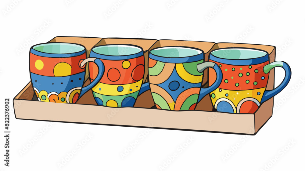 Poster A set of four ceramic mugs each one handpainted with a different design in vibrant colors. The mugs are sy and have a comfortable handle making them. Cartoon Vector