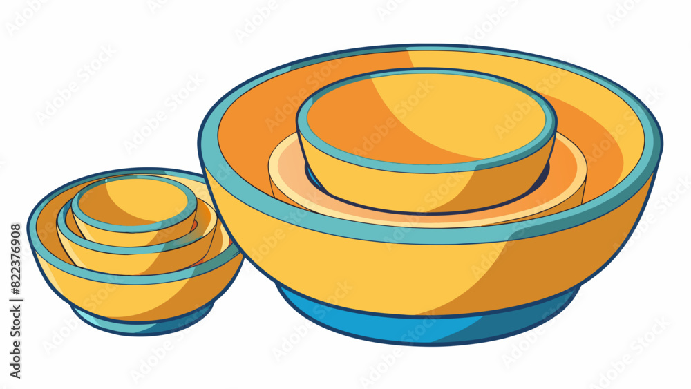 Poster A set of nesting bowls with each bowl fitting neatly inside the next one creating a sense of hierarchy and spacesaving order.. Cartoon Vector