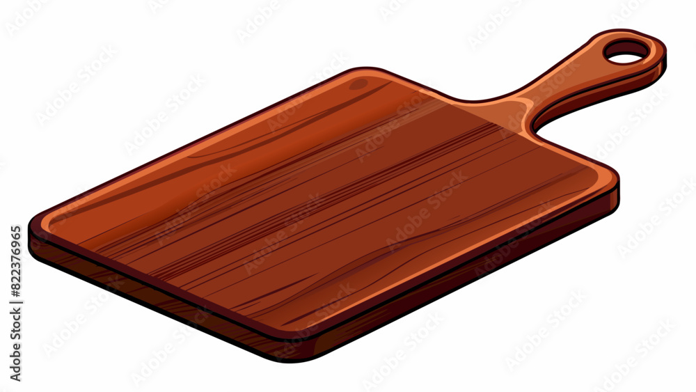 Poster A sleek and modern ting board made of rich dark wood with a shiny finish. The board has a unique shape with a handle on one end making it both. Cartoon Vector