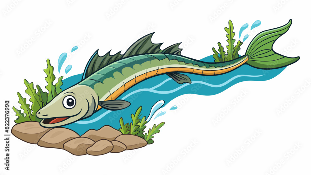 Poster A sleek fastswimming fish with sharp pointed teeth and an elongated body skillfully weaving between rocks and plants in a swift river.. Cartoon Vector