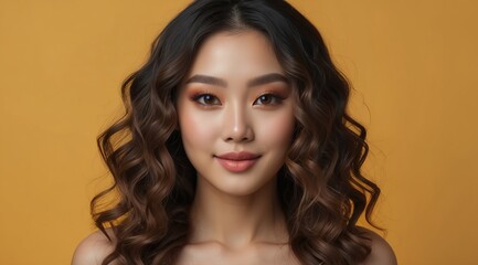 Naklejka premium Beautiful attractive asian woman model with curly hair smiling isolated over yellow background