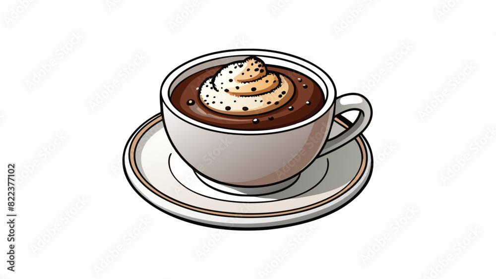 Poster A shot of a black espresso served in a white ceramic cup on a saucer. The espresso is topped with a creamy layer of foam and garnished with a sprinkle. Cartoon Vector