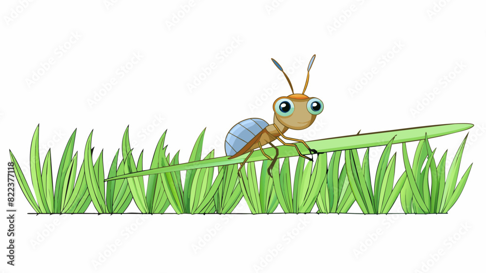Aufkleber A small insect making its way across a blade of grass. Its body is ly visible with thin delicate legs that move swiftly and effortlessly.. Cartoon Vector