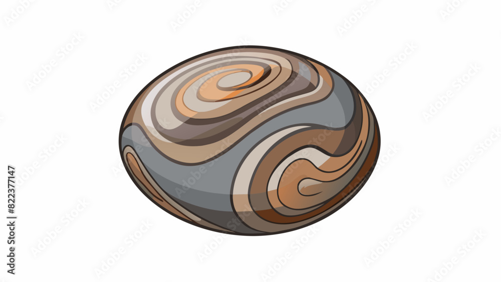 Poster A small round pebble with a swirling pattern of shades of brown and gray. Its surface is polished and shiny showing years of being tumbled in a river.. Cartoon Vector