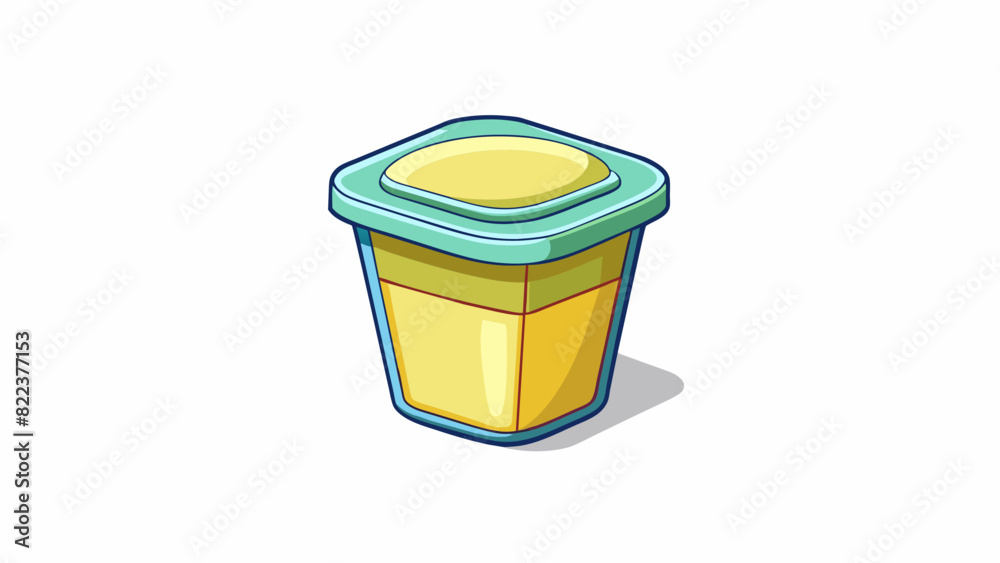 Poster a small plastic singleserve container filled with a thin pale liquid that has a slight hint of yello