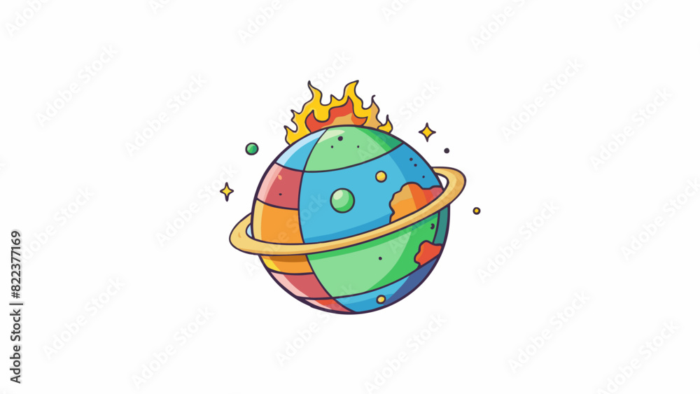 Poster A small round object made up of different colored layers resembling a tiny planet. As a flame approaches the layers begin to separate and react. Cartoon Vector