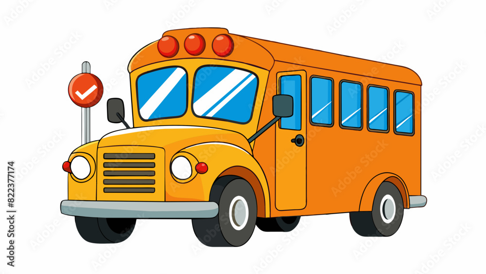 Poster a small school bus in a bold shade of orange equipped with a crossing arm flashing lights and a stop