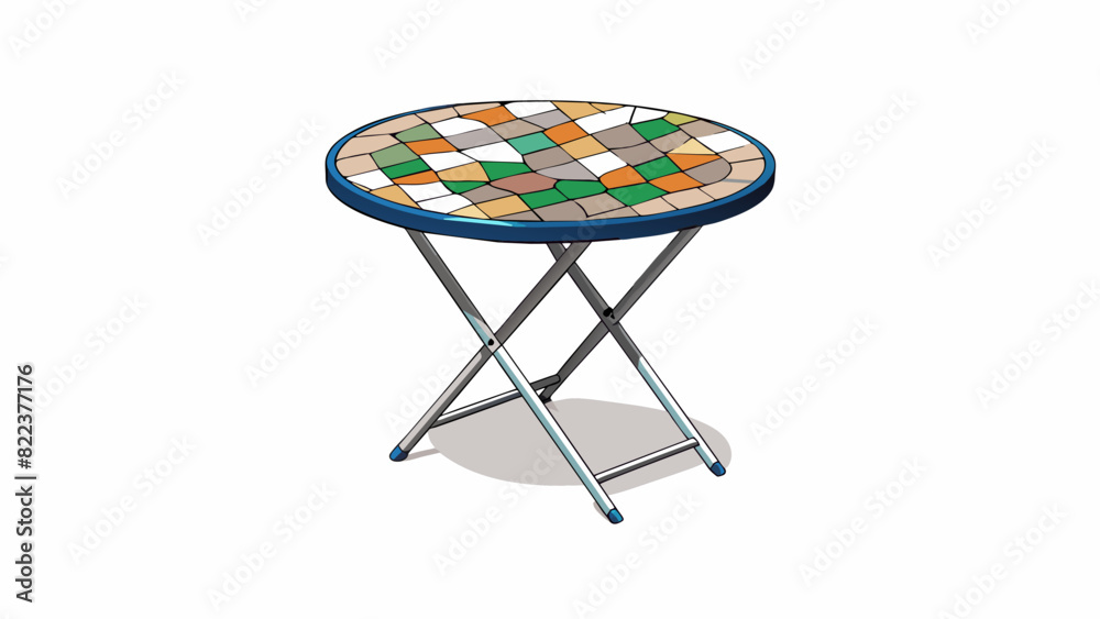 Aufkleber A small round table with a foldable design perfect for small living spaces. Made of lightweight metal it has a colorful mosaic top with patterns. Cartoon Vector