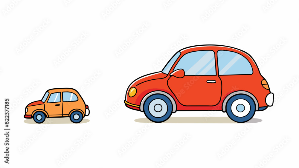 Poster a small toy car parked next to a real car showcasing the significant difference in size between the 