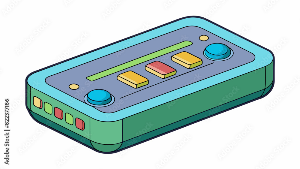 Poster A small rectangular device with rounded edges sitting on a table emitting soothing music as its dials light up and change colors with the frequency.. Cartoon Vector