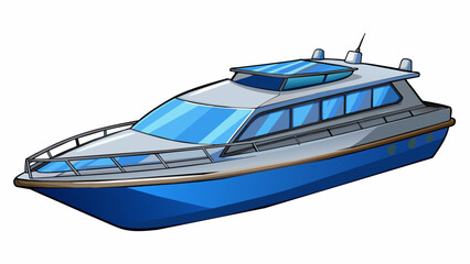 A sleek modern boat made of stainless steel and painted in shades of blue and silver. Its streamlined shape s effortlessly through the water with. Cartoon Vector