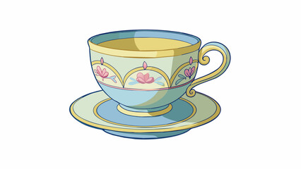 A small delicate teacup sat on the table its intricate floral design and delicate handle giving it an air of elegance.. Cartoon Vector