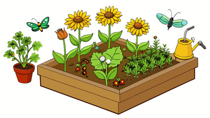 A small herb garden with raised beds bursting with fragrant basil thyme and rosemary. Sunflowers tower above the beds attracting buzzing bees and. Cartoon Vector