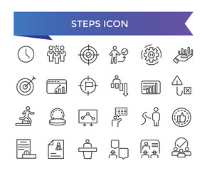 Steps icon collection. Related to stairs, footprint, progress, step by step, roadmap, process, walk and more. Line vector icons set.