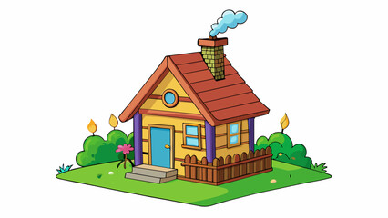 A small wooden house with a sloping roof and a colorful garden blooming with delicate flowers its chimney releasing a thin wisp of smoke.. Cartoon Vector