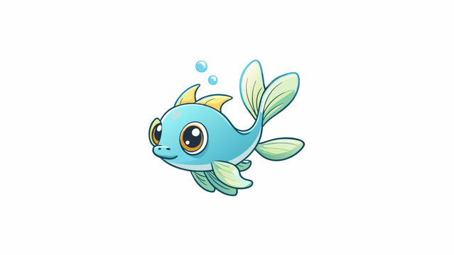 A small translucent fish with delicate fluttery fins and a tiny bulbous body floating near the surface of a tranquil lake occasionally splashing. Cartoon Vector