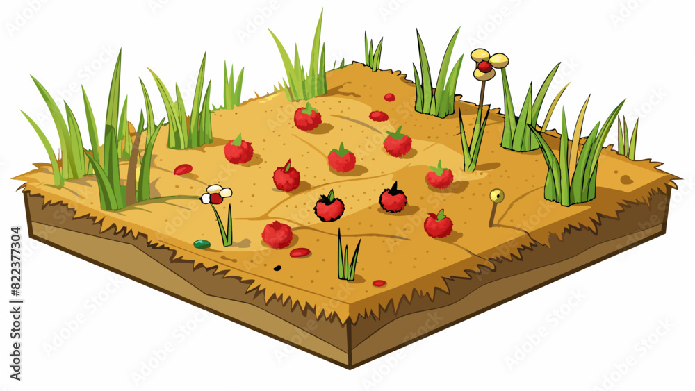 Poster a sp field of dried grass tered with patches of wild strawberries and clovers. the ground is rocky a