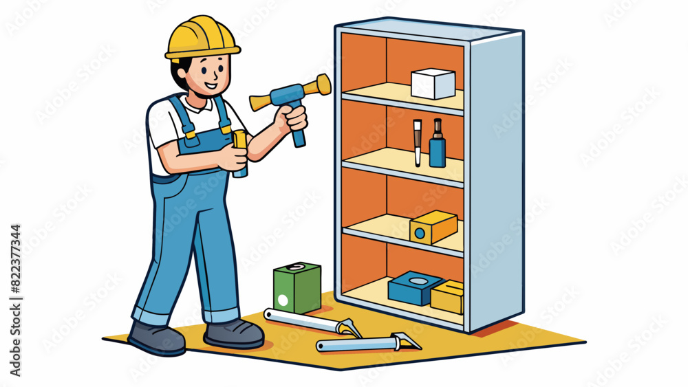 Poster Assembling a Bookshelf Lay out all the pieces of the bookshelf and make sure all the necessary screws and tools are handy. Follow the instruction. Cartoon Vector