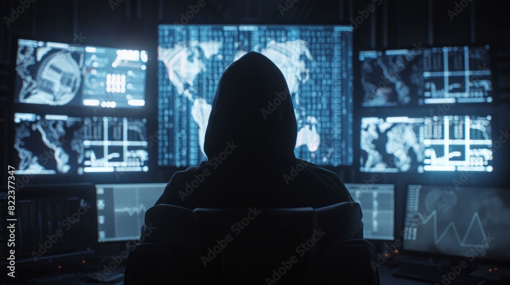 Poster silhouette of a hooded computer hacker behind multiple displays and digital information. data thief,