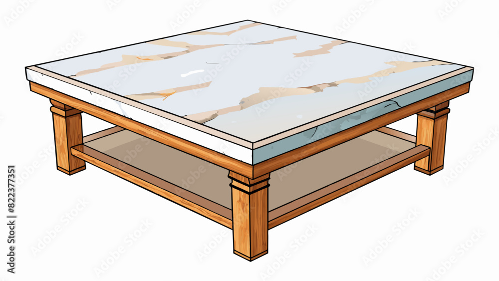 Poster A square table with a smooth marble top giving it a luxurious and sophisticated appearance. The base is a unique mix of wood and metal with one side. Cartoon Vector