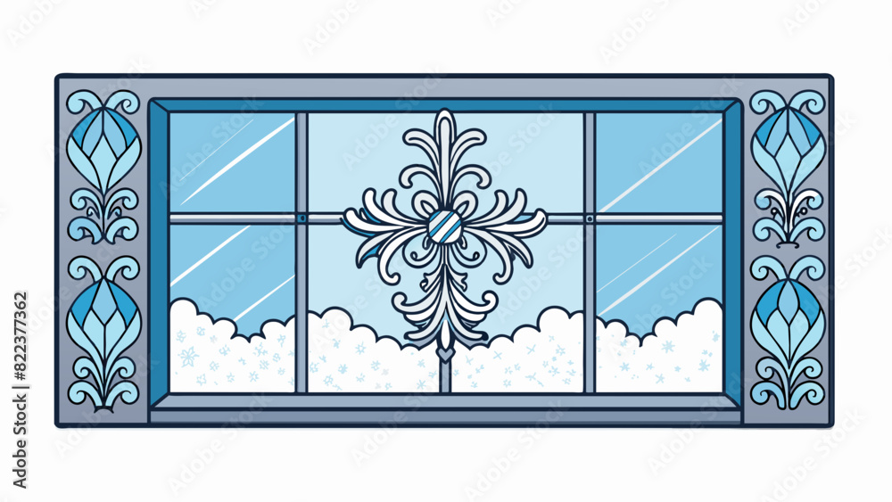 Poster A spot of frost on a window creating a delicate lacy pattern against the glass. The intricate design is the result of the condensation and cold. Cartoon Vector