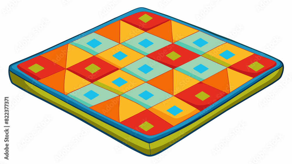 Poster A squareshaped picnic blanket made of soft and durable fabric with a bright and colorful pattern of geometric shapes perfect for a day out at the. Cartoon Vector