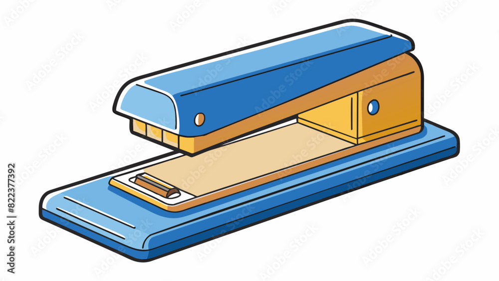 Poster A staplers primary function is to secure papers together. It has a rectangular base with a hinged metal arm that is pressed down to staple papers.. Cartoon Vector