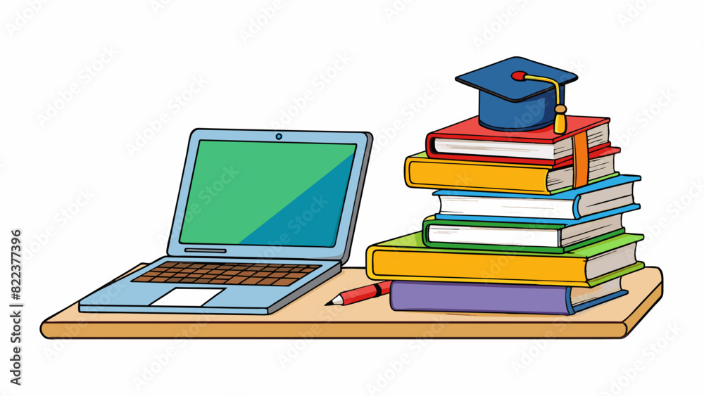 Poster A stack of textbooks and a laptop on a desk representing a career in academia or research.. Cartoon Vector