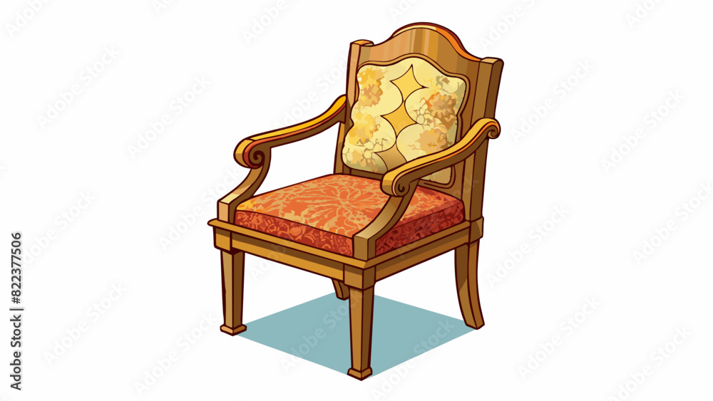 Poster A sy wooden chair with a curved backrest and worn armrests its seat adorned with a patterned cushion and its legs carved with intricate designs.. Cartoon Vector