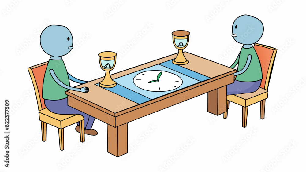 Poster A table set with two chairs on opposite sides with a timer p in the middle. One person sits with confidence while the other paces back and forth. Cartoon Vector
