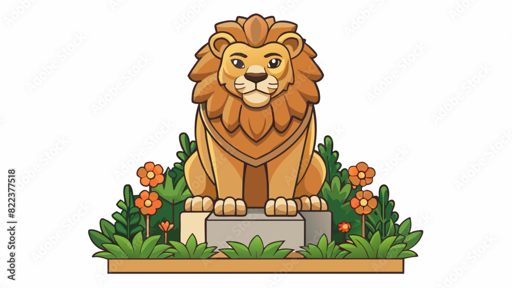 Poster as you explore the park you pass by a majestic statue of a noble lion. its fierce expression and int