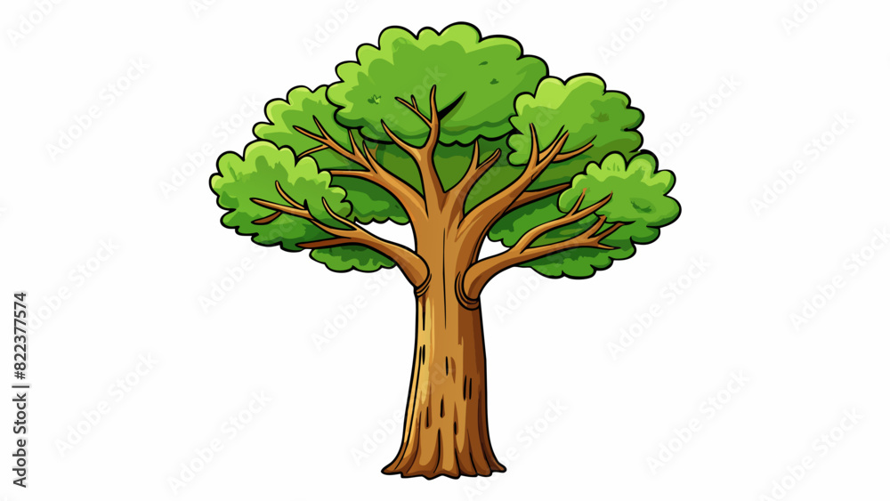 Fototapete A tall leafy tree with branches stretching towards the sky its trunk covered in rough bark and its leaves rustling in the wind.. Cartoon Vector