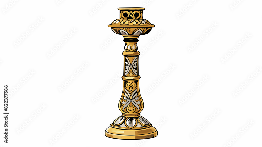 Poster a tall decorative candle holder with elaborate designs etched into its shimmering gold surface. it r