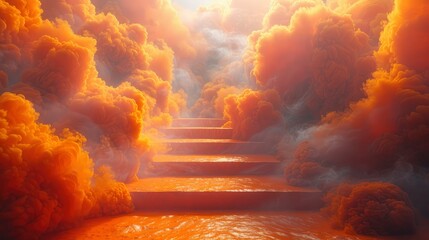 Abstract background with smoke pedestal for product presentation, featuring a water and orange podium. This 3D rendering showcases a modern, minimalist design perfect  generative ai