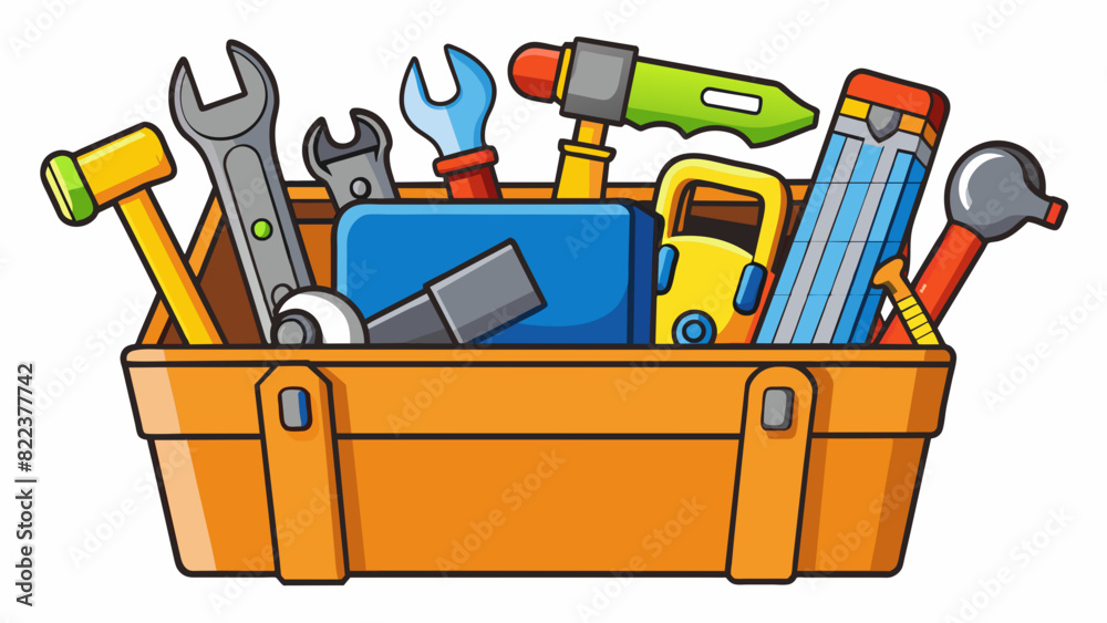 Poster A toolbox filled with a variety of tools including hammers screwdrivers and wrenches representing a career in building or construction.. Cartoon Vector