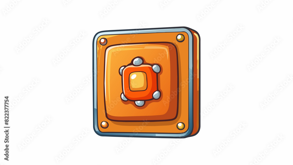 Poster A tiny square button with a bumpy texture and a vibrant orange color. It is embedded in a metal panel and must be pushed firmly to activate.. Cartoon Vector