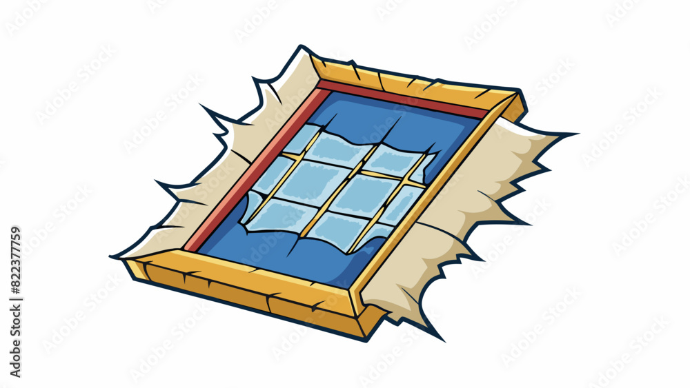 Poster A torn piece of fabric with frayed edges found near a broken window suggesting that someone may have entered or exited the building forcefully.. Cartoon Vector