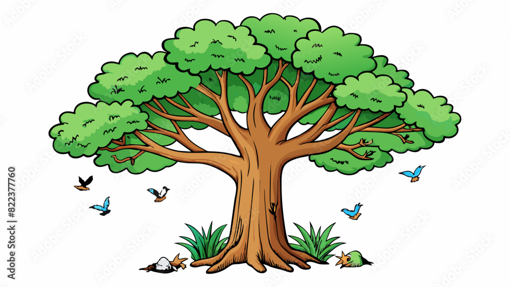 Poster A towering tree with its branches extending in all directions welcoming birds providing shade and nourishing the surrounding soil. Its trunk is. Cartoon Vector