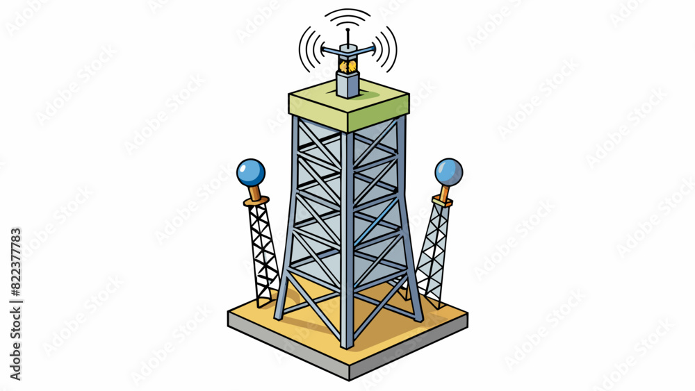 Poster A towering structure tall and imposing covered in metallic cylinders and antennas transmitting and receiving radio signals for miles and miles around.. Cartoon Vector