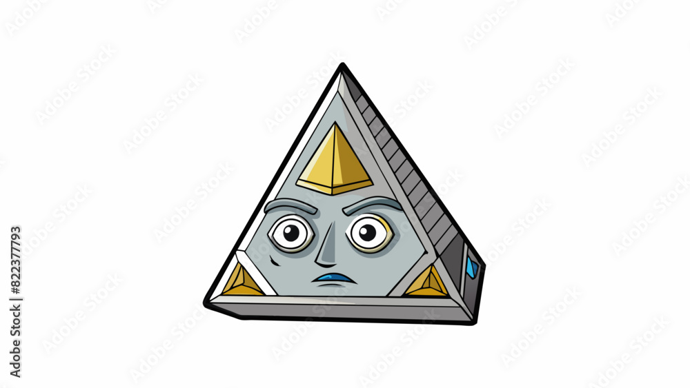 Poster A triangular head with a flat top and sharp edges resembling a pyramid. The head is metallic and reflects light with intricate symbols carved into its. Cartoon Vector