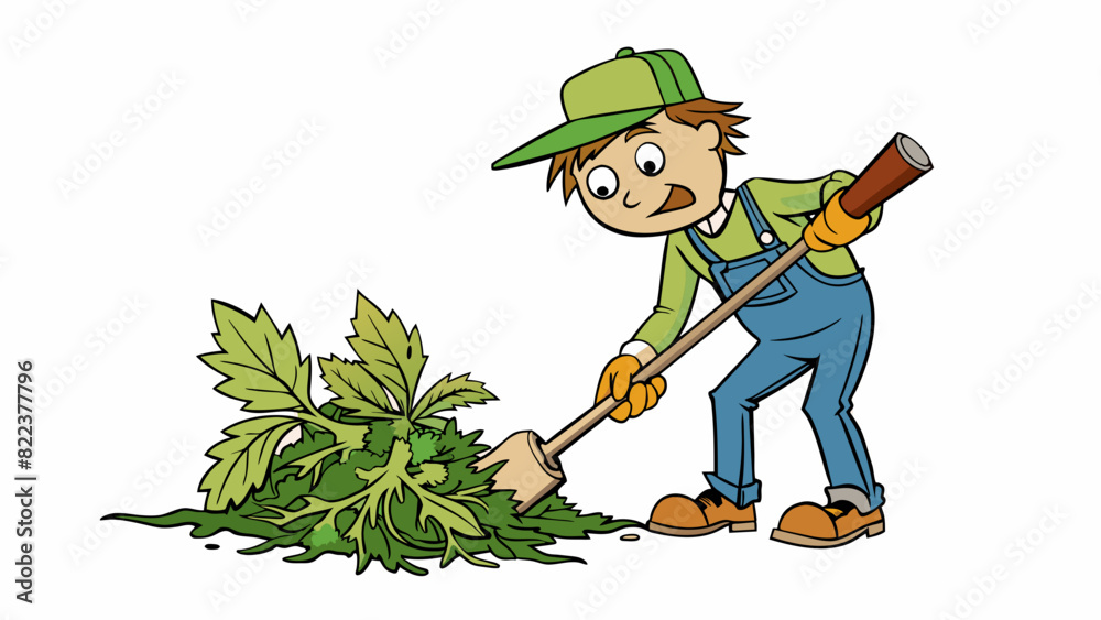 Poster Attempt 5 A gardener attempting to remove a stubborn weed from their garden. The roots run deep and its leaves are ly making it a difficult task. The. Cartoon Vector