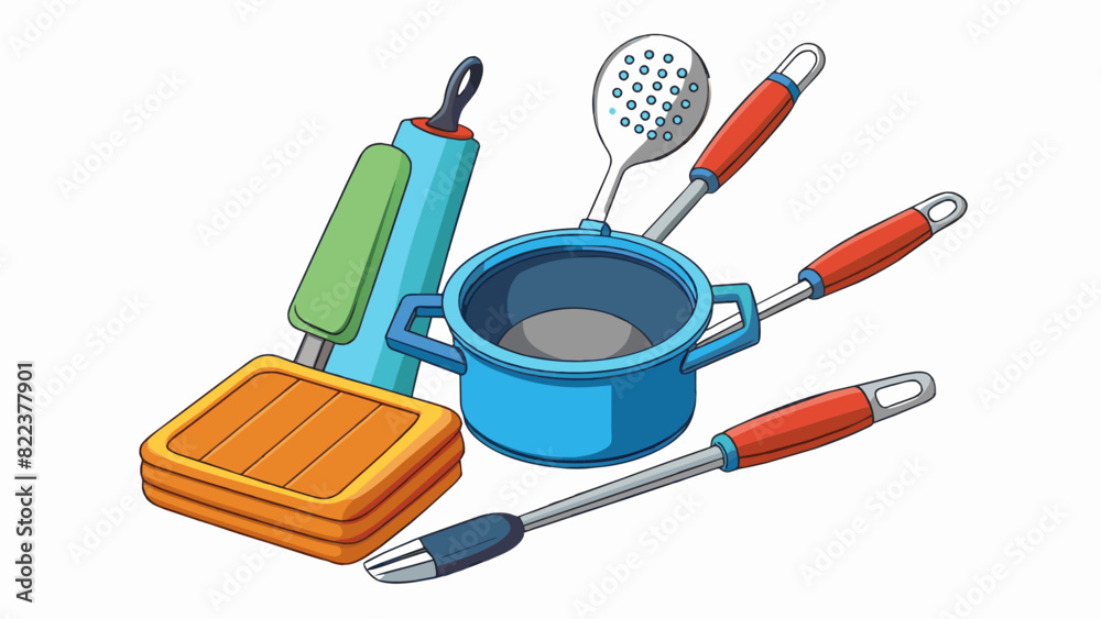 Poster A versatile kitchen tool set with nonstick coating and heatresistant handles making cooking and cleaning up a breeze while also ensuring safety.. Cartoon Vector