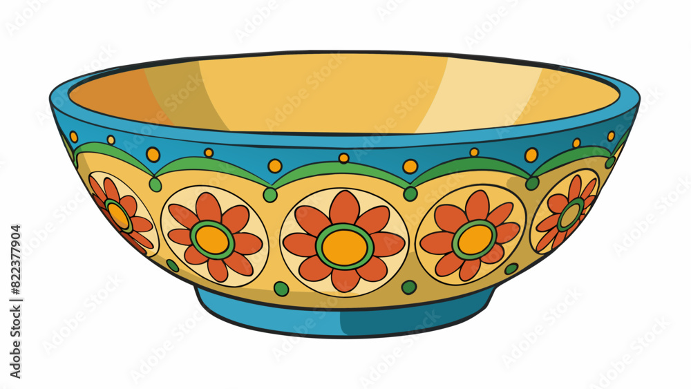 Poster A vibrant handpainted bowl adorned with colorful flowers and intricate patterns. Its shape is traditional with a deep interior and a flared round rim.. Cartoon Vector