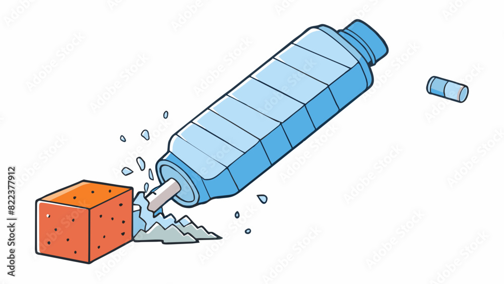 Poster A water bottle being crushed by a block causing the plastic to distort and create dents as the pressure from the block increases.. Cartoon Vector