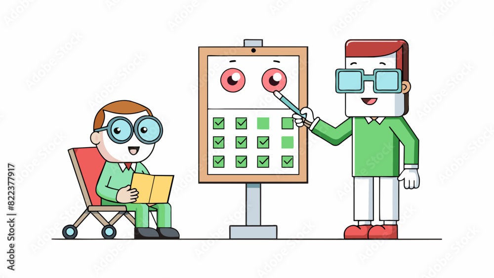 Aufkleber A vision test A series of letters of varying sizes are displayed on a chart with the smallest letters at the bottom. The tester asks the participant. Cartoon Vector