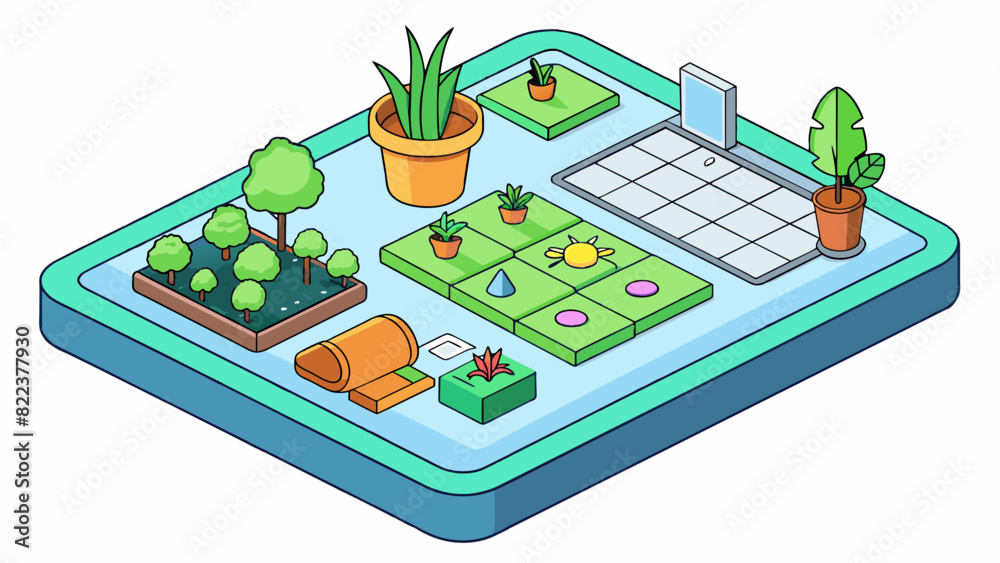 Leinwandbilder A virtual garden program that allows users to design and maintain their own virtual garden. The objects in this program include a variety of plants. Cartoon Vector