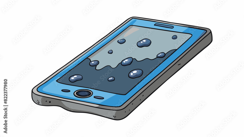 Poster a waterlogged phone the screen is dark and unresponsive with visible water droplets resting on its s