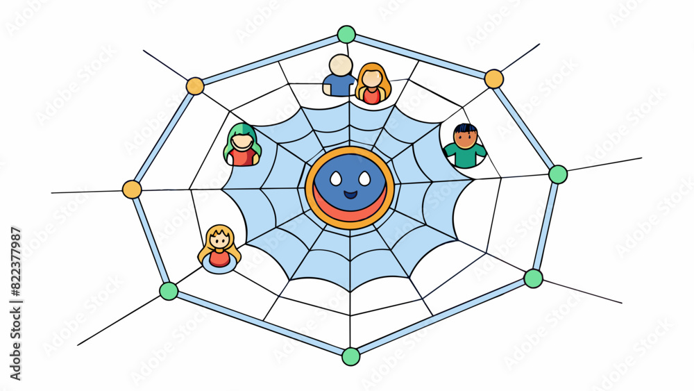 Poster A web is like a spiders intricate web of relationships and connections. It allows people to interact and communicate with each other share information. Cartoon Vector